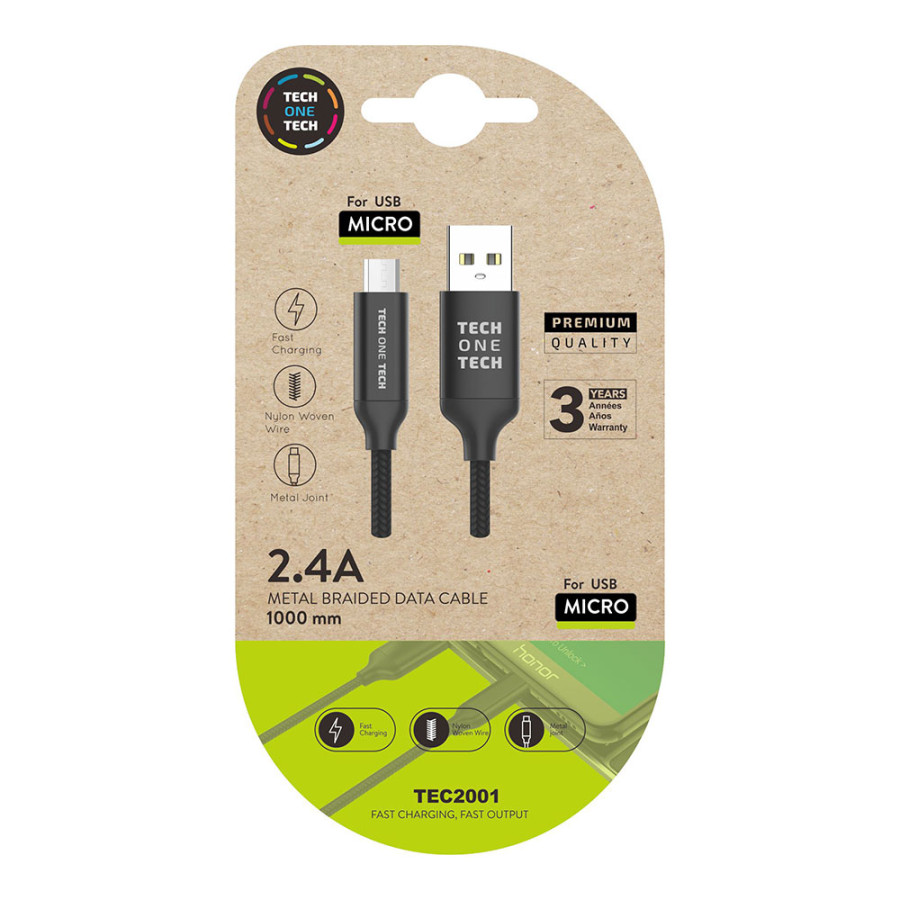 Cabo preto braided nylon (usb-a a micro usb) 1m 2 tech one tech
