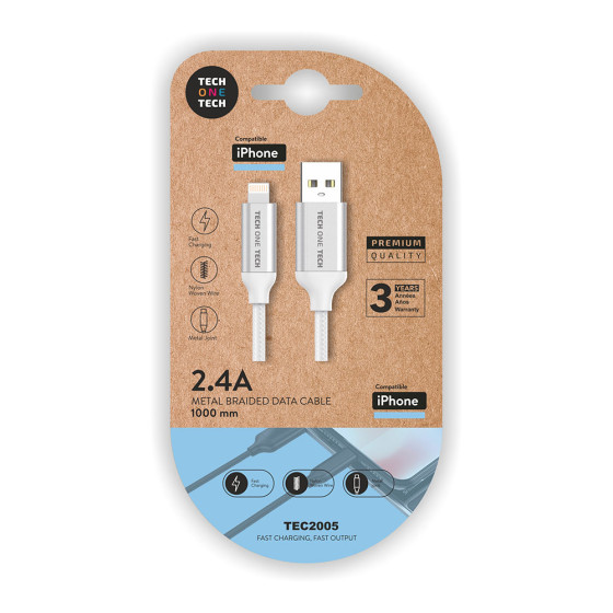 Cabo branco nylon (usb-a a lightning/apple), 1m 2a tech one tech