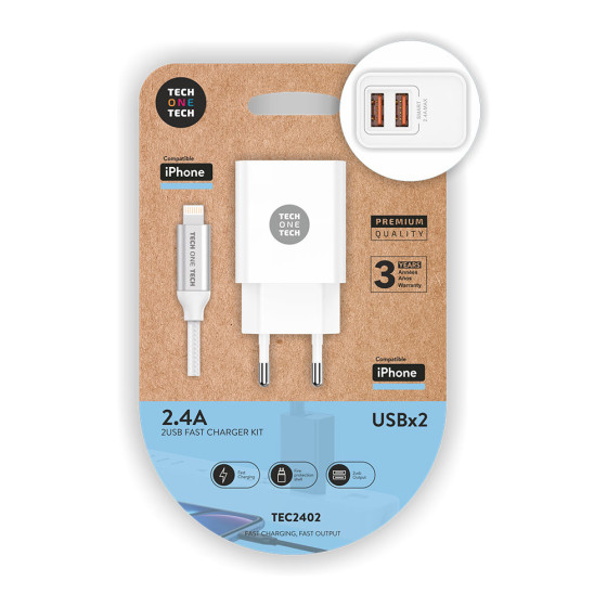 Carregador duplo branco + cabo nylon lightn/apple 2,4a 12w 5v tech one tech