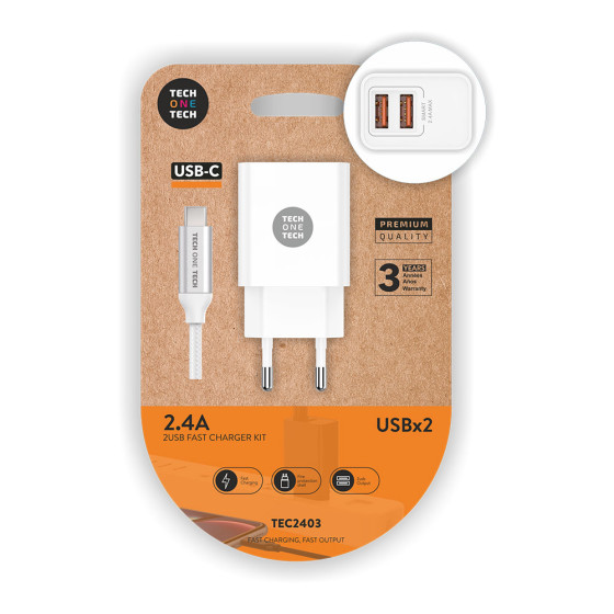 Carregador duplo branco + cabo nylon usb-c 2,4a 12w 5v tech one tech