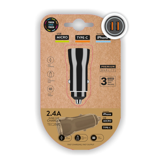 Carregador duplo isqueiro carro preto 2,4a - 12w tech one tech