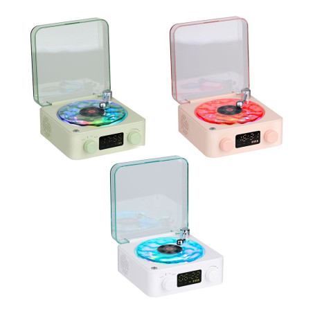Altifalante bluetooth em forma de toca-discos, com relógio, ruído branco e luz rgb, cores sortidas