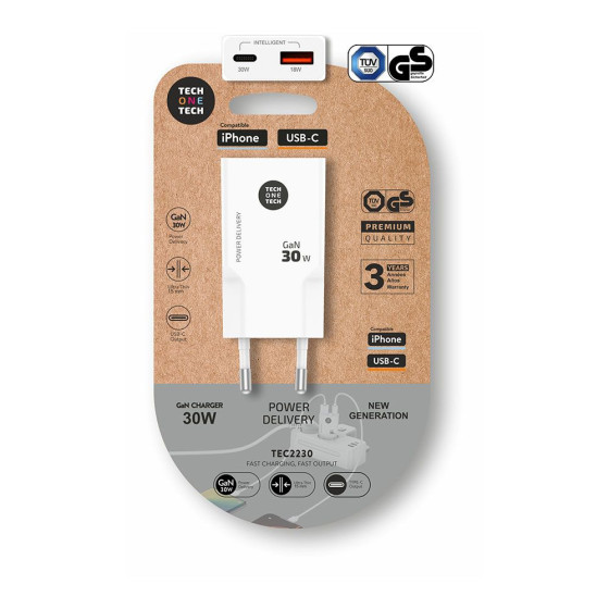Carregador rápido gan 30 w, branco, conectores: usb-c + usb-a
