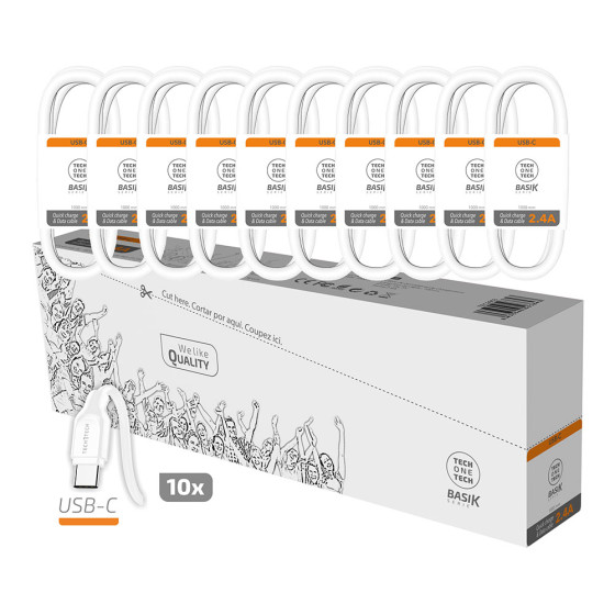 Pack poupança 10 cabos basik usb-c 2,4a branco tech one tech