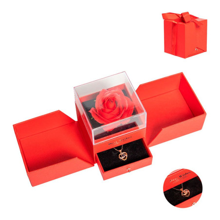 Rosa vermelha em caixa presente com gaveta e jóia, 10,5 x 10 x 11 cm