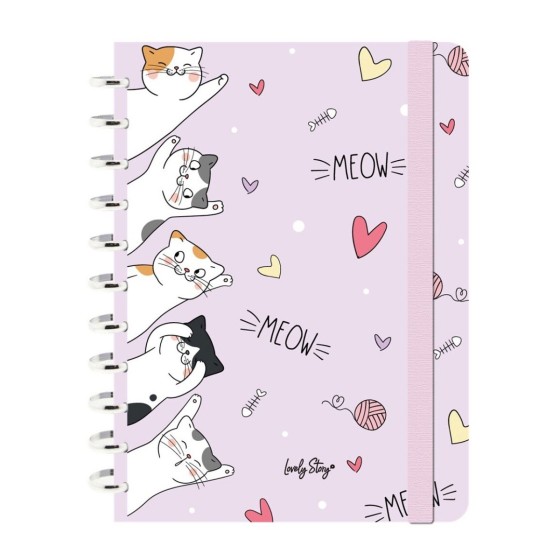 Caderno de folhas reposicionáveis A4 pautado 100 folhas 100 g Lovely Story Meow Love