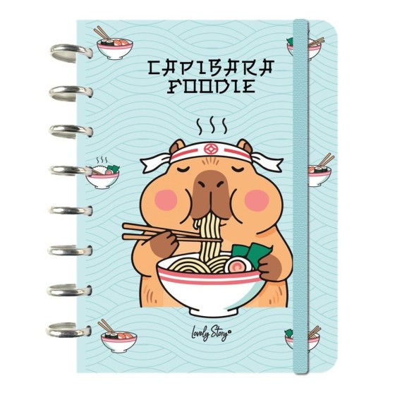 Caderno de folhas reposicionáveis A5 pautado 100 folhas 100 g Lovely Story Capivara "Capibara foodie"