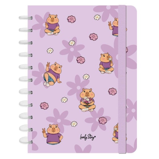 Caderno de folhas reposicionáveis A4 pautado 100 folhas 100 g Lovely Story Capivara "Capibara flower"