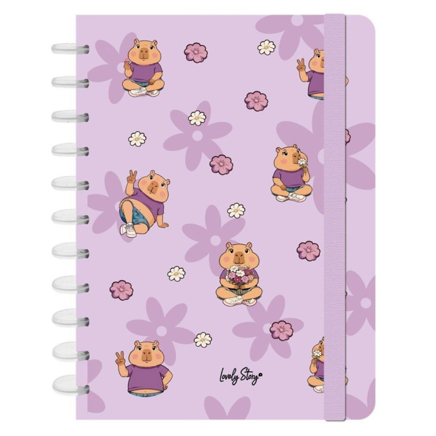 Caderno de folhas reposicionáveis A4 pautado 100 folhas 100 g Lovely Story Capivara "Capibara flower"