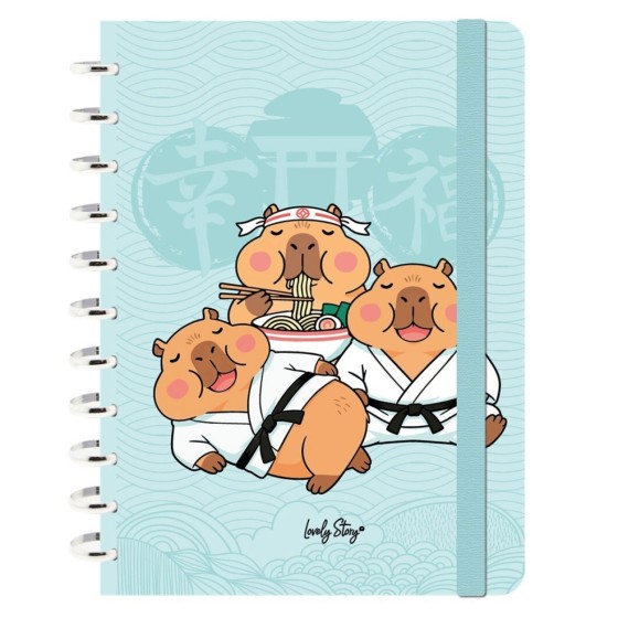 Caderno de folhas reposicionáveis A4 pautado 100 folhas 100 g Lovely Story Capivara "Japan party"