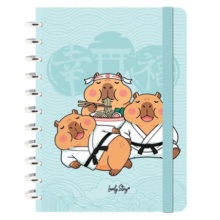 Caderno de folhas reposicionáveis A4 pautado 100 folhas 100 g Lovely Story Capivara "Japan party"