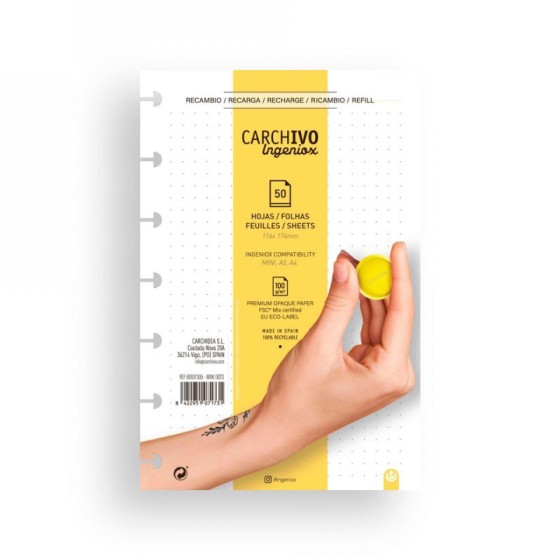 Recarga mini 174x116mm para caderno Ingeniox pontilhada 50 folhas 100g