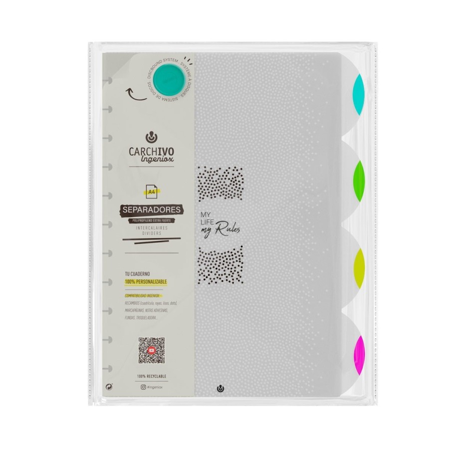 Separadores para caderno Ingeniox A4 4 posições transparente/néon
