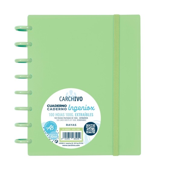 Caderno de discos Ingeniox A5 pautado 100 folhas com elástico verde pastel