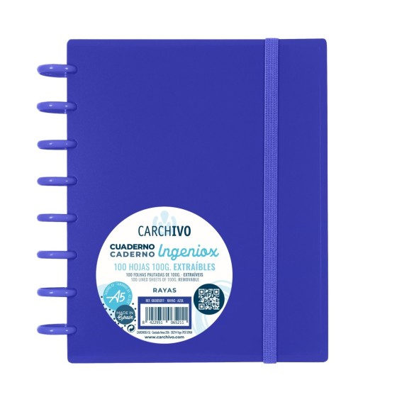 Caderno de discos Ingeniox A5 pautado 100 folhas com elástico azul intense
