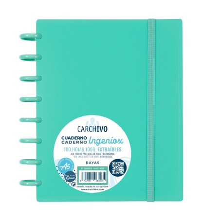 Caderno de discos Ingeniox A5 pautado 100 folhas com elástico verde intense