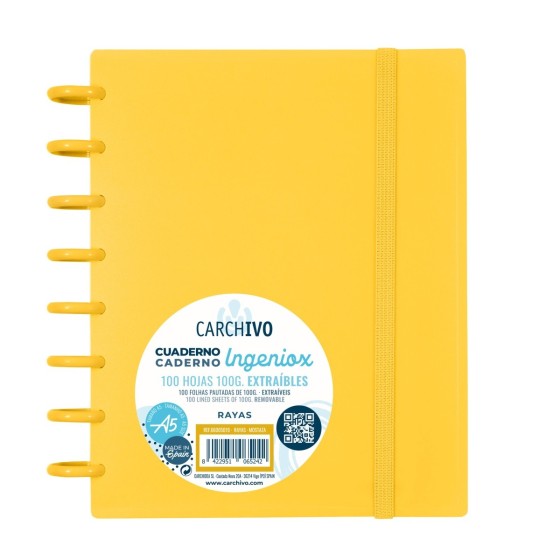 Caderno de discos Ingeniox A5 pautado 100 folhas com elástico mostarda intense