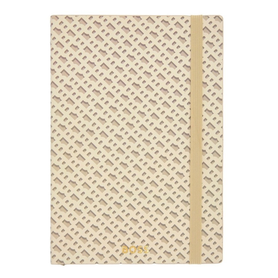 Caderno A5 pautado Hugo Boss Monogram 96 folhas 80g bege com elástico