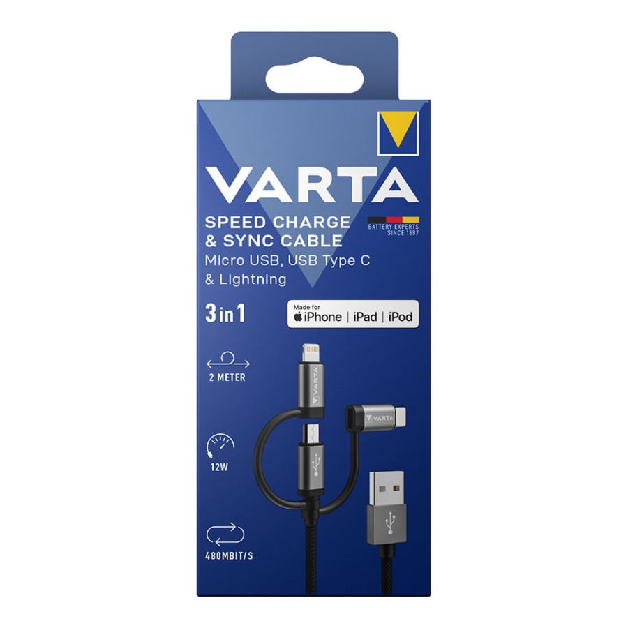 Cabo 3 em 1 usb a lighting - micro usb - tipo c varta