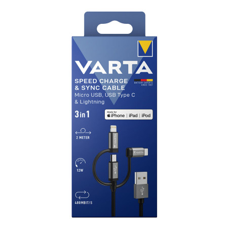 Cabo 3 em 1 usb a lighting - micro usb - tipo c varta