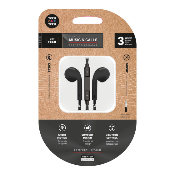 Auriculares eartech pretos, conetor mini-jack