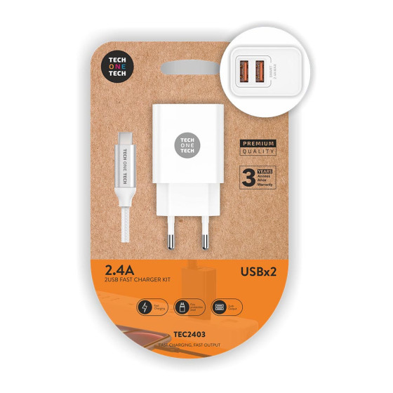 Carregador duplo branco + cabo micro usb nylon 2.4a