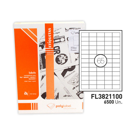 ETIQUETAS FEGOL LABEL A4 38X212MM BRANCAS, CAIXA 100 FOLHAS 6500 ETIQUETAS