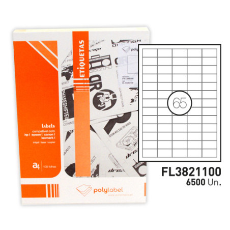 ETIQUETAS FEGOL LABEL A4 38X212MM BRANCAS, CAIXA 100 FOLHAS 6500 ETIQUETAS