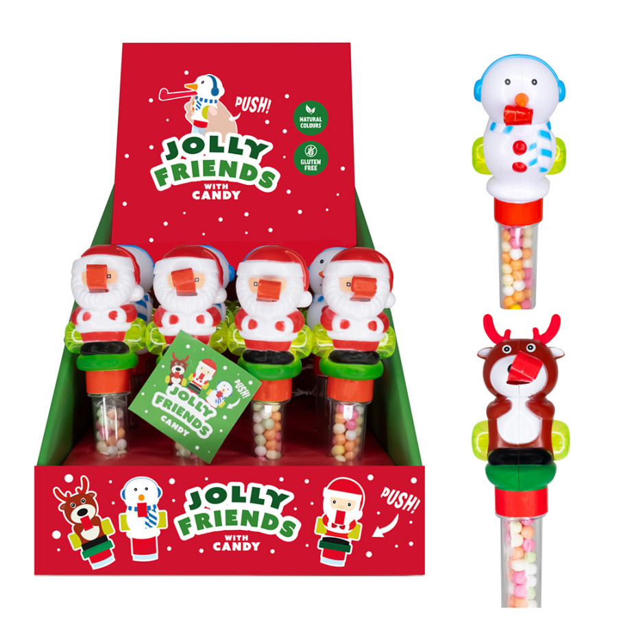 Boneco que deita a língua de fora, com doces.