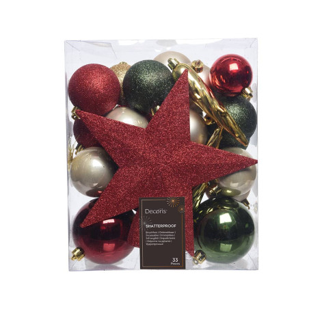Acessórios para decoração de árvore de natal. cores: verde, dourado e vermelho, 33 peças