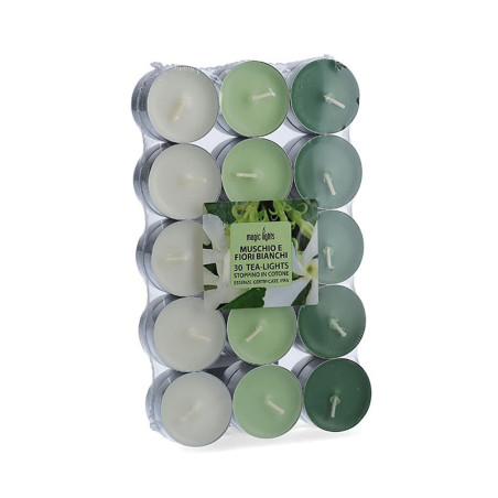 Pacote 30 unid. velas com aroma musk-flores brancas 3,7cm magic lights