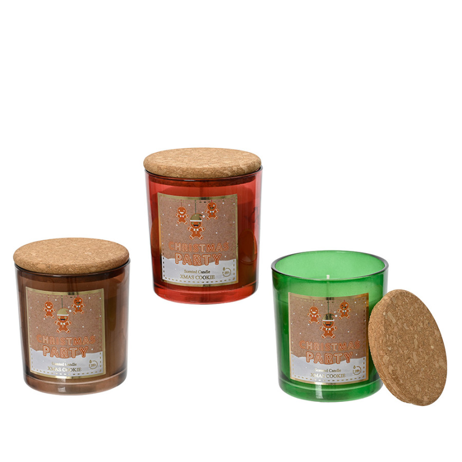 Vela de cera em copo de vidro decorativo com tampa de cortiça, 3 modelos.