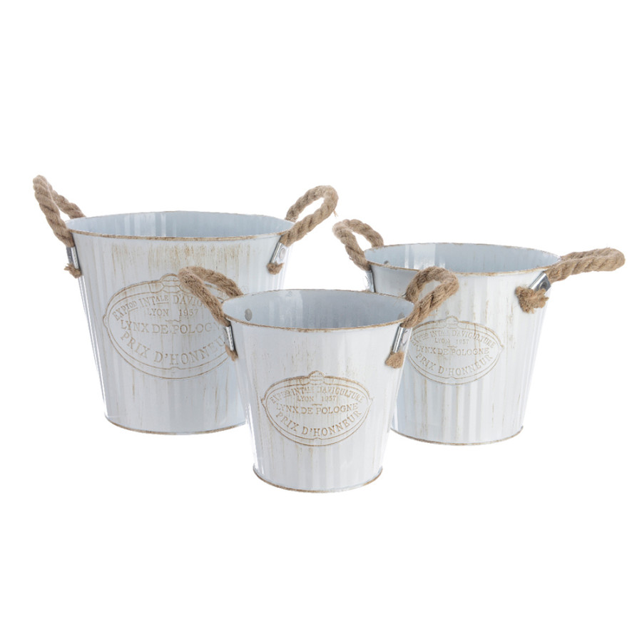 Balde de zinco com pegas de corda, kit de 3unid. ø20x17cm ø17x15cm ø15x13cm.