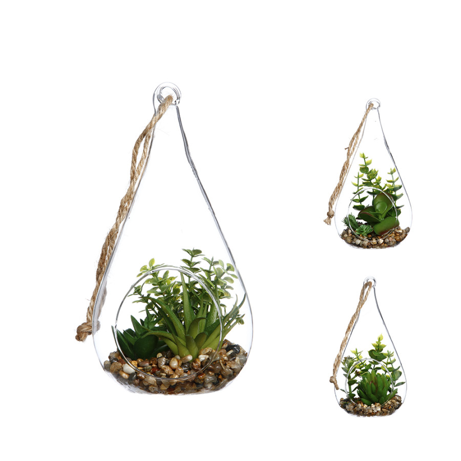 Jarrão de vidro suspenso com planta decorativa 10x19,5cm cores / modelos diversos