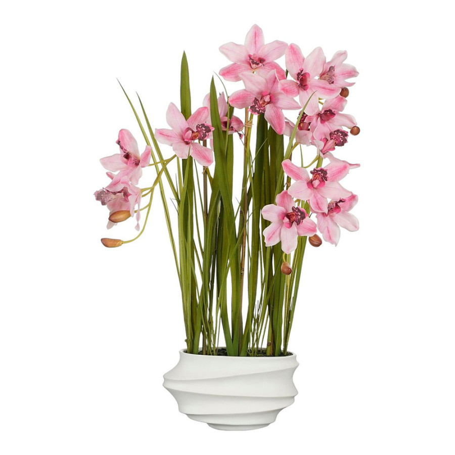 Planta artificial cymbidium "orquídea barco" rosa com vaso
