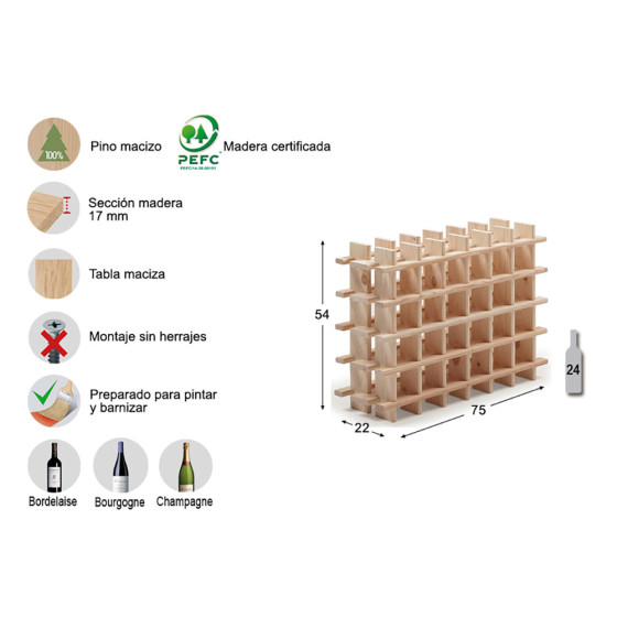 Garrafeira evolutivo rioja para 24 garrafas pinho maciço 75x22x54cm astigarraga