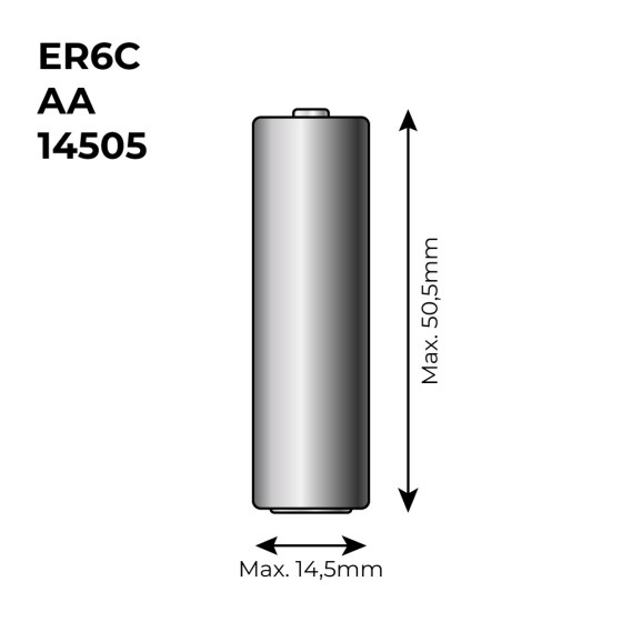 Pilha de lítio er6c - aa 3,6v (mod. 14505) 2600mah ø14,5x50,5mm