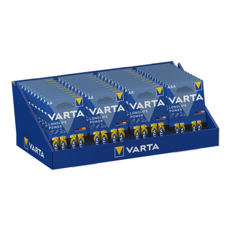 Expositor de cartão de mesa varta he 30 blísters com 4 pilhas lr06 aa + 13 blísters com 4 pilhas lr03 aaa varta 36x28x17cm
