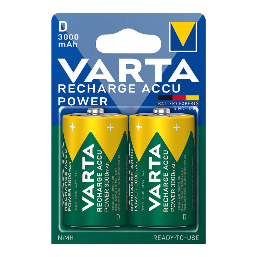 Pilha varta recarregável accu power d - hr20 3000ma (blíster 2 unid.) ø34,2x61,5mm