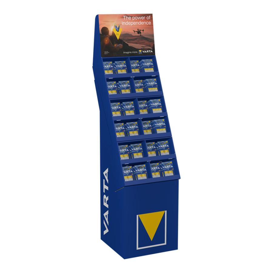 Expositor de cartão de pilhas varta "energy" 52 blísters 6 pilhas aaa lr03 + 100 blísters 6 pilhas aa lr06 varta 40x40x148cm
