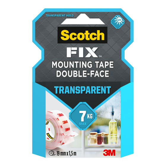 Fita de montagem dupla face, transparente, máx 7 kg, 19mmx1,5m