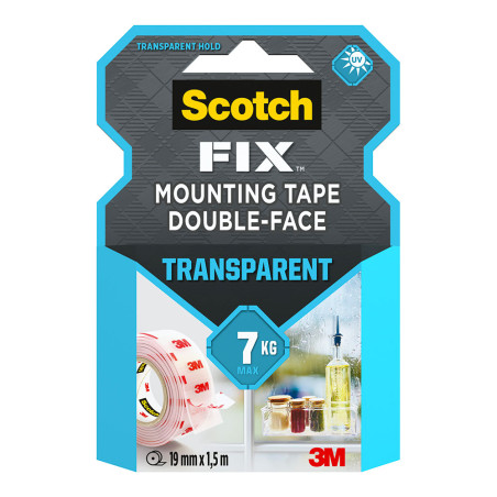 Fita de montagem dupla face, transparente, máx 7 kg, 19mmx1,5m
