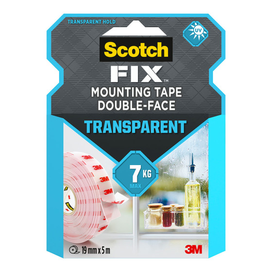 Fita de montagem dupla face, transparente, máx 7 kg, 19mmx5m