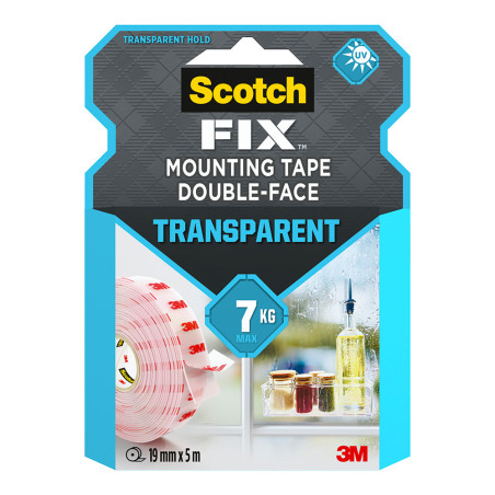 Fita de montagem dupla face, transparente, máx 7 kg, 19mmx5m