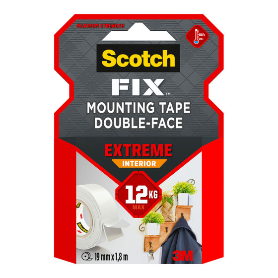 Fita de montagem dupla face para uso interno, extremo, máx 12 kg, 19mmx1,8m