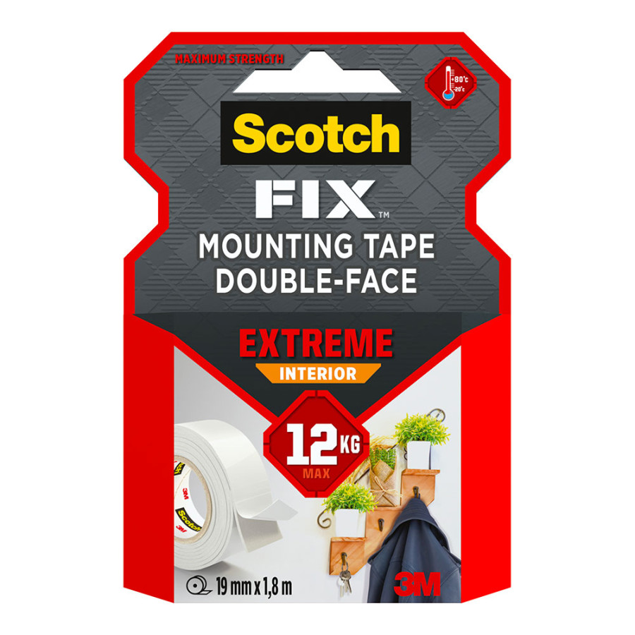 Fita de montagem dupla face para uso interno, extremo, máx 12 kg, 19mmx1,8m