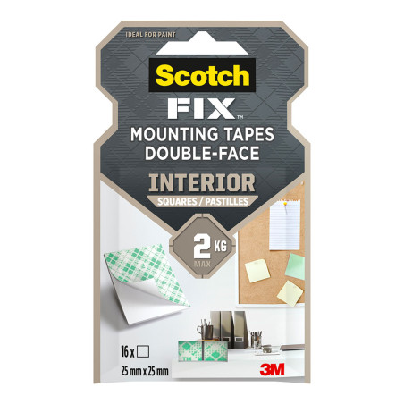 Quadrados adesivos dupla face, para uso interno, 25 mm x 25 mm, 16 unid, max 2 kg