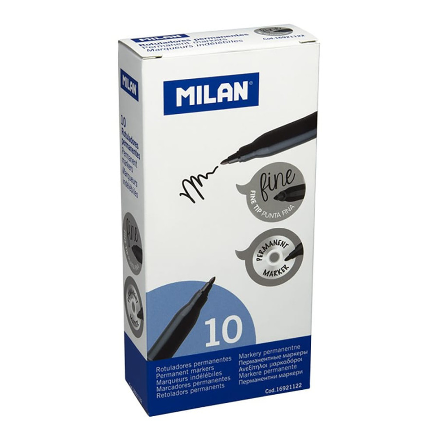 Pack com 10 marcadores permanentes pretos. ponta fina milan