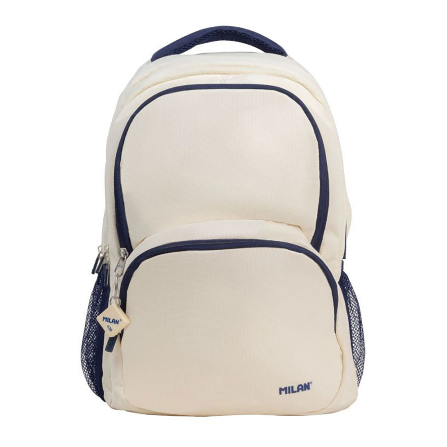Mochila escolar 4 zípers 25l bege e azul marinho, série 1918.
