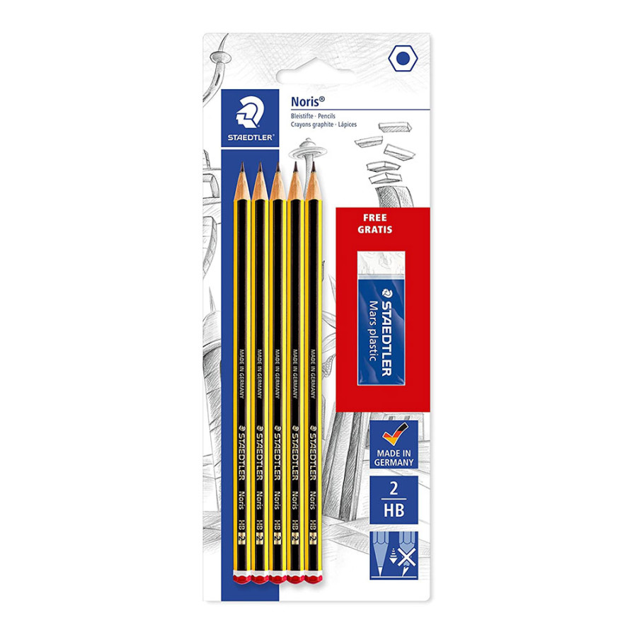 Lápis grafite 120 hb + borracha presente, blister 5 unidades